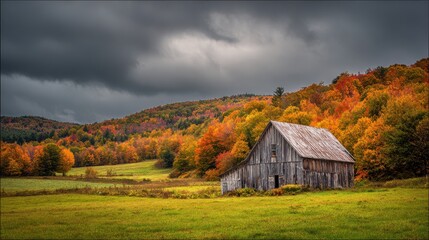 Obraz premium The Berkshires. Autumn Agriculture: Wooden Barn in Colourful Countryside