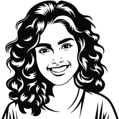 Smiling young woman with curly hair looks directly forward in a bold black and white image