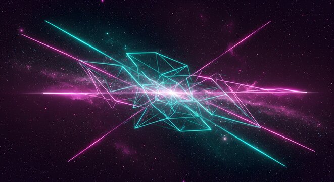 Abstract geometric design featuring interconnected teal and pink lines against a cosmic background with stars and nebulae.