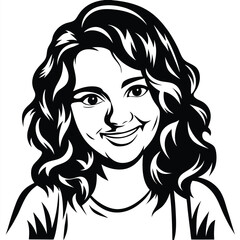 Smiling young woman with wavy dark hair looks cheerfully forward in a illustration