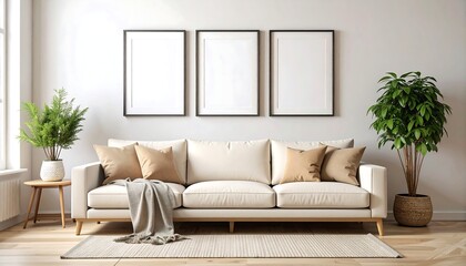 Minimalist living room with off-white sofa, three empty frames, and potted plants