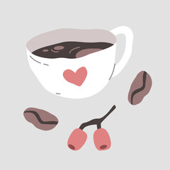 A stylized depiction of a coffee cup with a heart design, accompanied by scattered coffee beans and coffee plant.