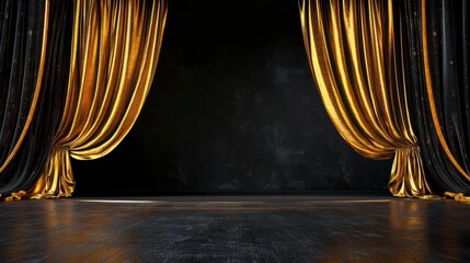 Elegant black and gold stage curtains drawn back to reveal a dark wooden floor and textured wall.