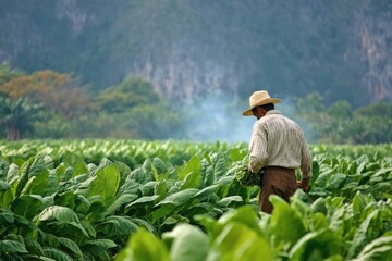 Naklejka premium Tobacco Grower in Cuban Fields. Harvesting Crop on Agricultural Plantation