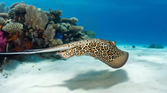 Majestic Leopard Whipray Gliding Above Colorful Coral Reef in Tropical Ocean Waters