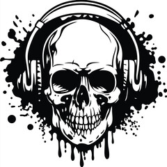 Monochrome skull art wearing headphones emerges from an abstract splatter background, creating a bold visual
