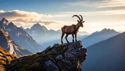 Obraz premium Majestic Ibex atop Rocky Peak with Mountainous Vista at Golden Hour