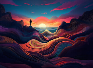 A lone figure gazes at a vibrant sunset over the sea, standing atop colorful, wavy hills. The sky blends hues of orange, pink, and blue in the background.