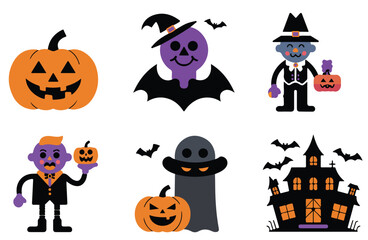 Halloween themed cartoon vector illustration set