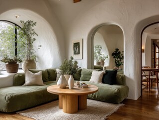 Sunlit living room with arched walls, olive sectional sofa, and wooden coffee table