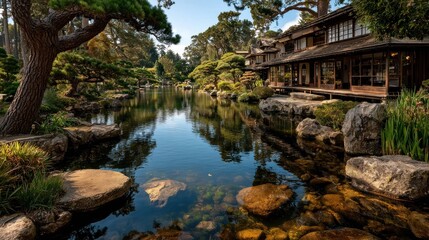 Serene Japanese garden with pond reflection