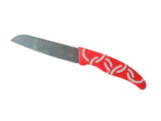 Old kitchen knife with a red plastic handle featuring a white abstract pattern, isolated on a transparent background