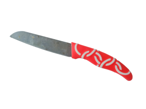 Old kitchen knife with a red plastic handle featuring a white abstract pattern, isolated on a transparent background