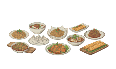 Variety of Delicious Dishes on Green Background