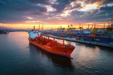 Fototapeta premium Transport Lpg: Nautical Vessel Transporting Gas Tanker Ship at Port with Scenic Sky