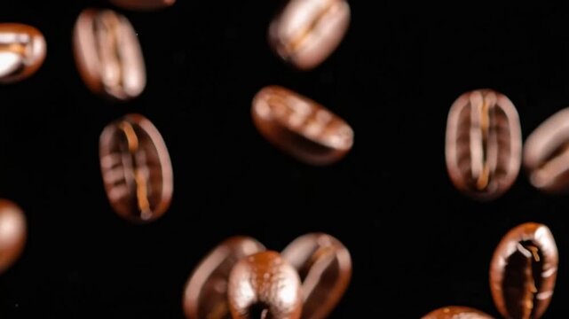 Floating coffee beans against a black background