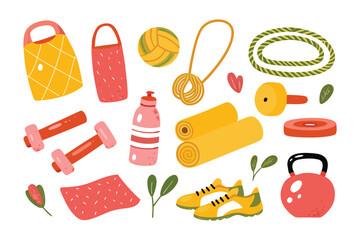 Essential Fitness Gear: A curated collection of vital fitness equipment arranged in a visually appealing flat lay, promoting wellness, and active lifestyles.