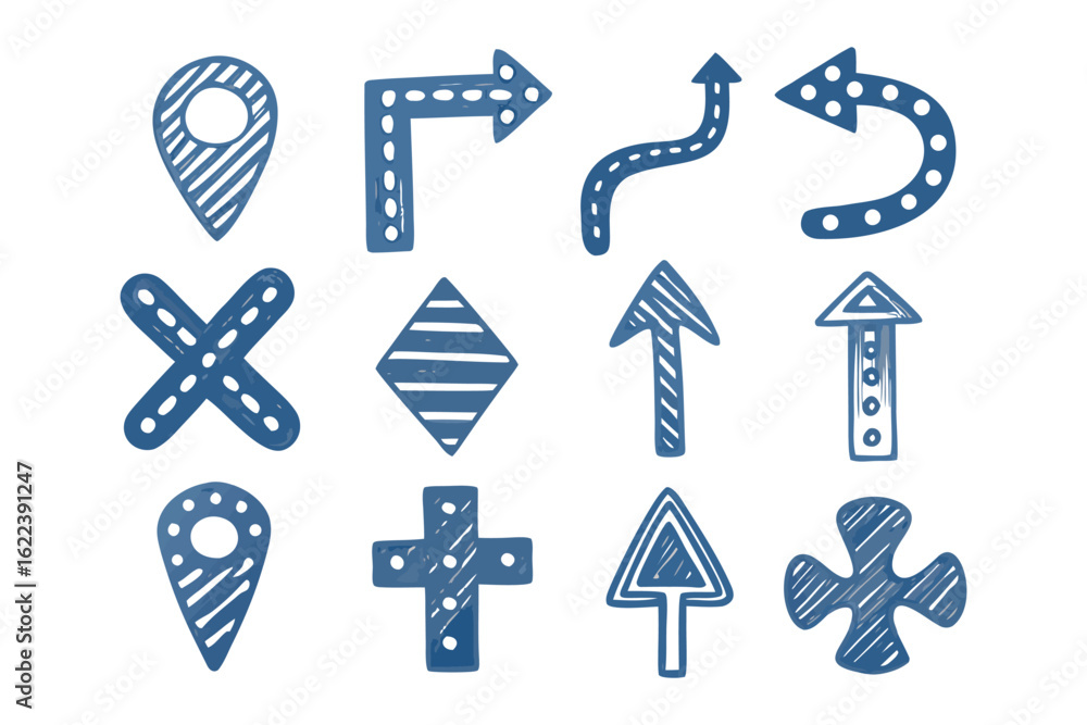 Poster navigational icons: a collection of hand-drawn arrows, pointers, and directional symbols, offering v