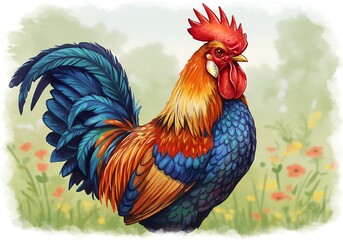 Majestic Rooster: Vibrant Digital Painting, Spring Meadow