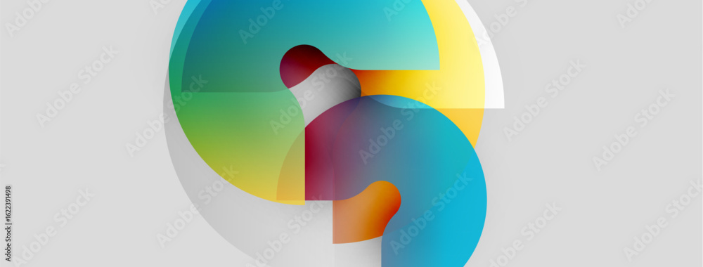 Poster abstract colorful shapes overlap, creating dynamic visual composition. gradients blend, forming circ