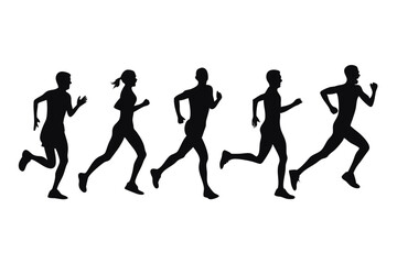 Running figures silhouette displays five athletic men and women doing cardio fitness together actively