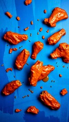 artistic dramatic shadows overhead spicy food chicken wings textured background brushstroke blue backdrop buffalo wings
