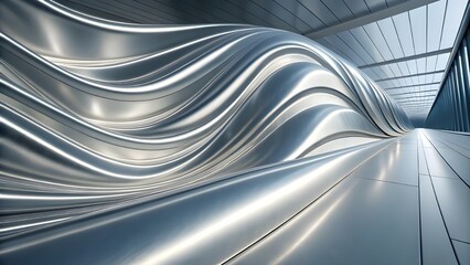 Fototapeta premium Abstract futuristic metallic wave flowing through a modern architectural space with reflections