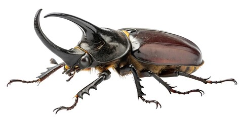  Macro studio image of a horned beetle from side profile, large curved horns and glossy shell in sharp focus, legs and mandibles clearly defined, isolated on a clean white background.