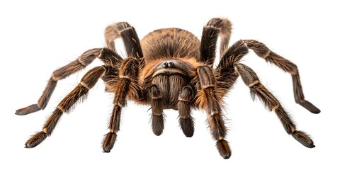   Macro shot of a tarantula fully spread in defense posture, every leg and hair rendered in crisp clarity, shot from above, evenly lit with no cast shadow, isolated on pure white background.