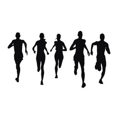 Silhouettes of five determined runners stride powerfully, demonstrating teamwork and athletic dedication across the white background