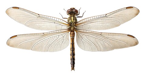  Macro image of a dragonfly resting with wings spread flat, transparent wing veining and segmented body captured with scientific clarity, shadowless and crisp, isolated against pure white.