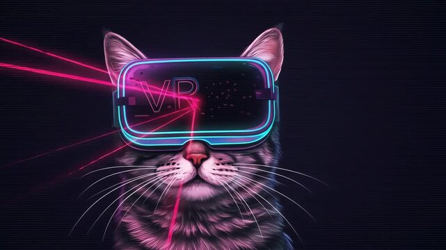 Cat wearing VR headset with neon lights glowing in dark background  