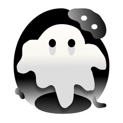 halloween ghost cartoon Cartoonish ghost icon: light grey/white ghost with dark grey eyes, black/dark grey gradient mouth, and dark grey blob shapes on a black circular background