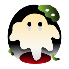 A cartoonish icon of a ghost with a simple, friendly design. off-white/pale yellow ghost with black eyes, red/black gradient mouth, and green blob shapes on a dark grey/black circular background