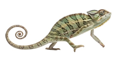  Full-body macro image of a chameleon walking slowly, tail curled, skin showing detailed micro-scales and natural color shifts, limbs extended mid-step, isolated cleanly on a pure white backgrounD.