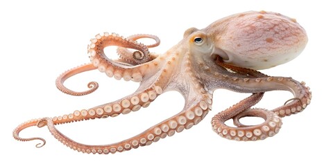  Full-body image of a baby octopus stretched out with tentacles visible and slightly curled, skin texture and suction cups captured in extreme detail, no surface shadow, isolated on transparent white.