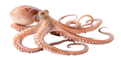Fototapeta premium Full-body image of a baby octopus stretched out with tentacles visible and slightly curled, skin texture and suction cups captured in extreme detail, no surface shadow, isolated on transparent white.