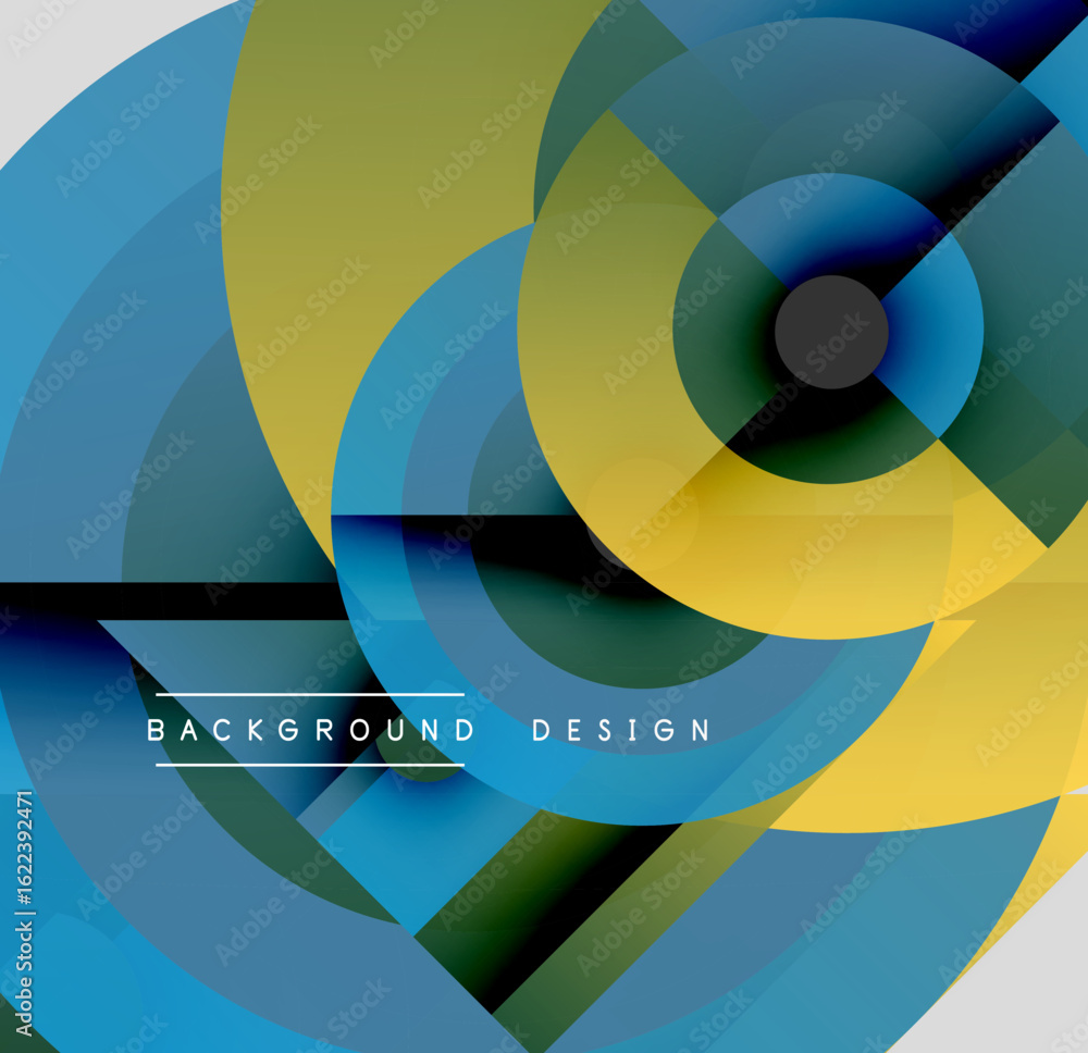 Poster abstract geometric design. overlapping circles create dynamic visual effect. colors blend, forming m