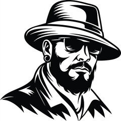Silhouette art shows bearded man with hat and earring wearing sunglasses casually