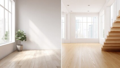 Fototapeta premium Empty, bright, modern rooms with light-wood floors and large windows