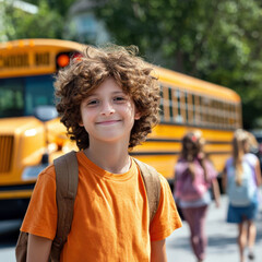 Boy Standing Near School Bus – Back to School Energy and Excitement