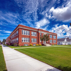 School Exterior with Yard – Academic Atmosphere and Safe Learning Space