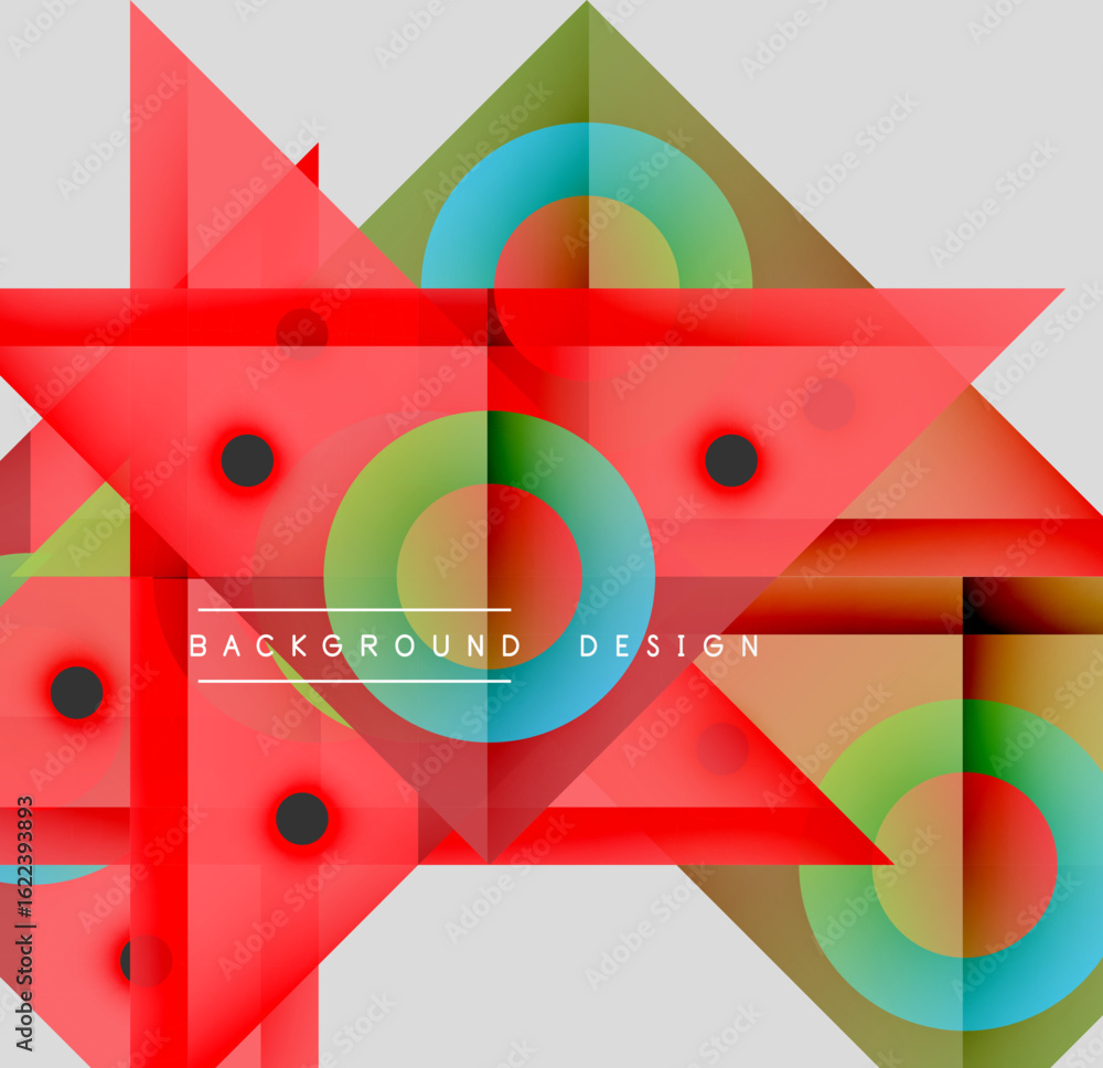 Poster abstract geometric design. red, green, turquoise layers create dynamic composition. circles, triangl
