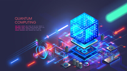 Quantum computing. Close up of optical cpu process light signal. Quantum computer of glowing qubits. Laser ray signal transmitting digital signal in chip or processor. Abstract technology background.