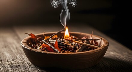 Burning incense in a wooden bowl with smoke and a lit matchstick