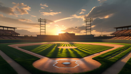 Majestic sunset casts long shadows across an empty baseball field, illuminating the stadium.