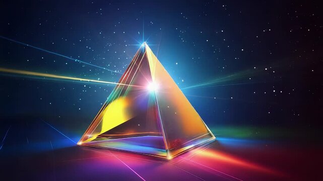 Glowing pyramid refracting light beams in a starry sky