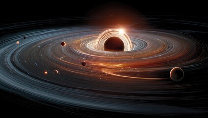 Black hole surrounded by swirling accretion disk,  planets visible