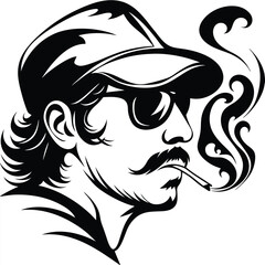 Monochromatic sketch depicts a man with a cigarette and a stylish cap