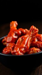 spicy food chicken wings glossy sauce gourmet ceramic black bowl buffalo wings moody lighting 45-degree angle
